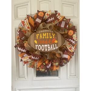 Family Food Football Fall Mesh Ribbon Front Door Wreath, Autumn Door Hanger